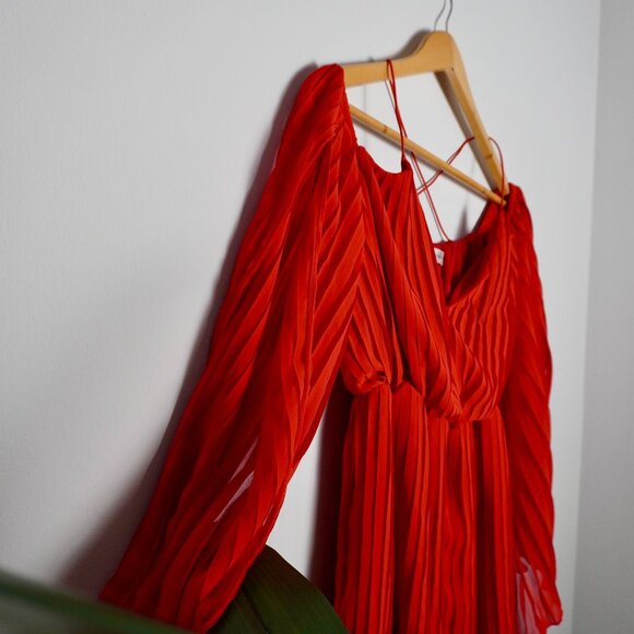 Rare London Red Pleated Off-Shoulder Romper with Bell Sleeves - Picture 5 of 7